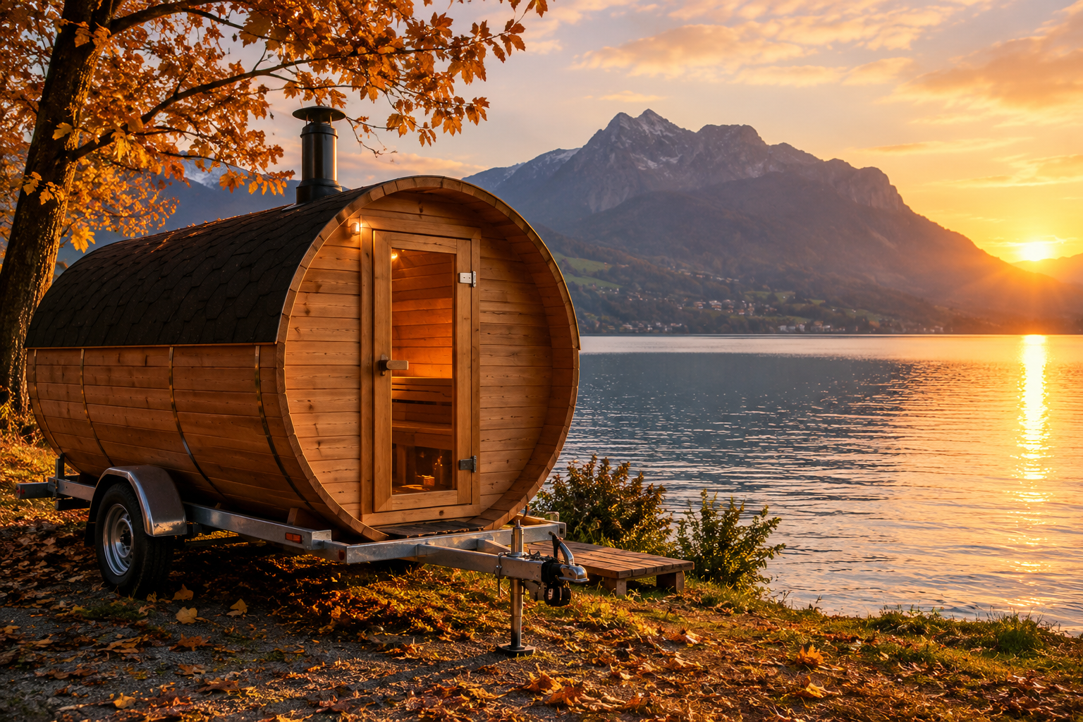 Sauna mobile en bois sur remorque au bord du lac d’Annecy, en fin de journée d’automne, avec une lumière chaude et les montagnes en arrière-plan.